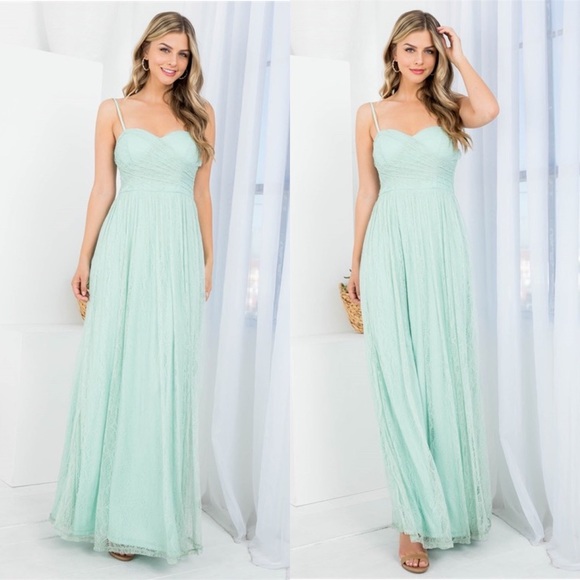 Stunning Lace A Line Spaghetti Straps Floor Length Mint Gown - Picture 2 of 16